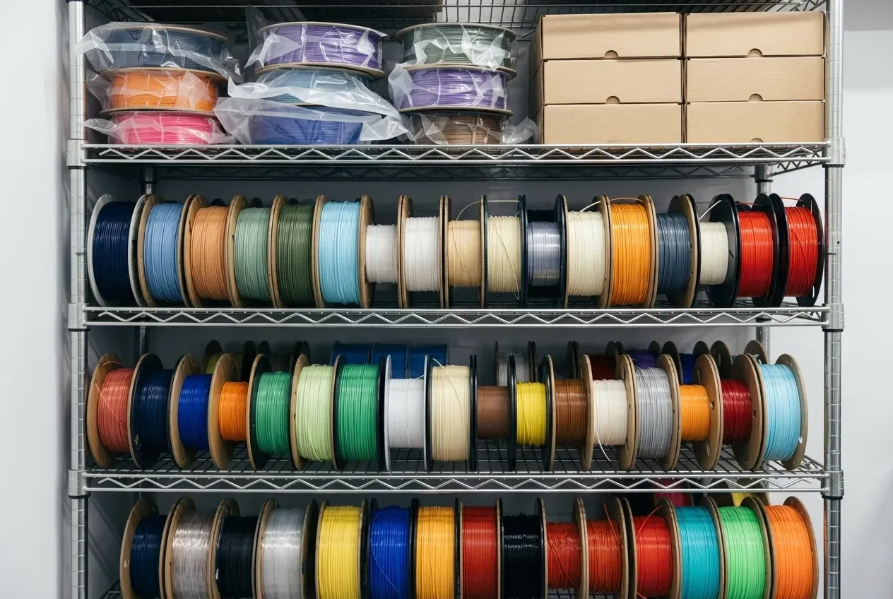 Shelves of 3D printing filament spools in a wide range of colors and materials.