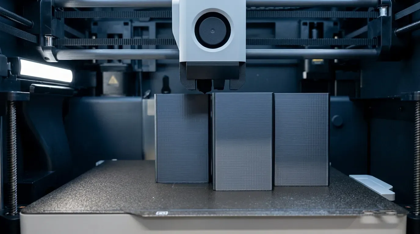 Freshly printed parts standing on the build plate inside an enclosed 3D printer.